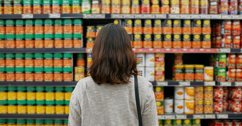 Eine Frau vor einem riesigen Supermarktregal